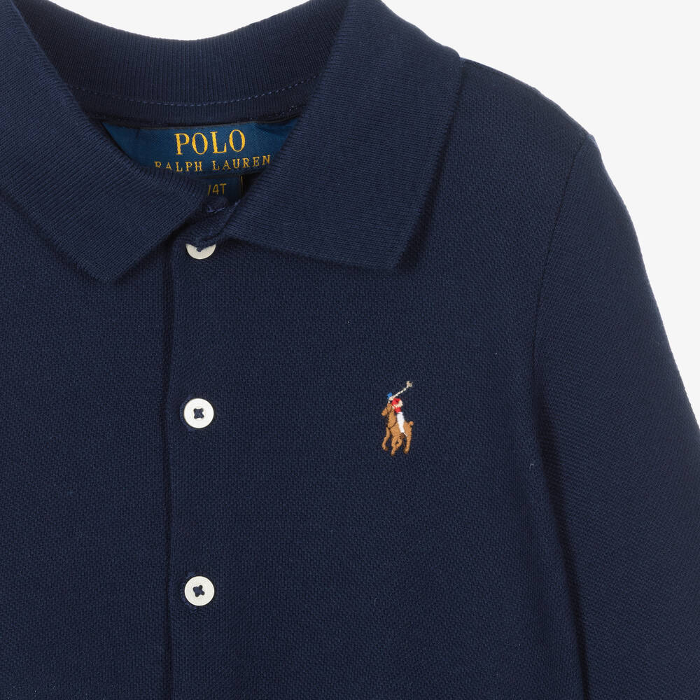 Polo رالف لورين-فستان بحزام قطن بيكيه لون كحلي | Childrensalon Outlet