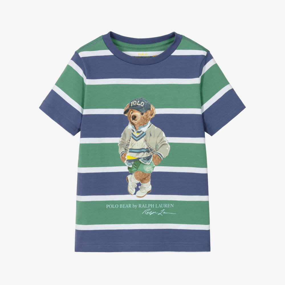 Ralph Lauren-Blue & Green Striped Cotton Polo Bear T-Shirt | Childrensalon Outlet