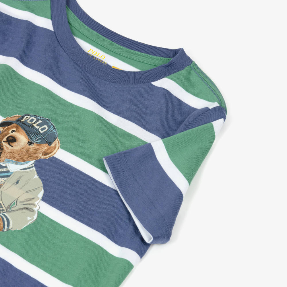 Ralph Lauren-Blue & Green Striped Cotton Polo Bear T-Shirt | Childrensalon Outlet