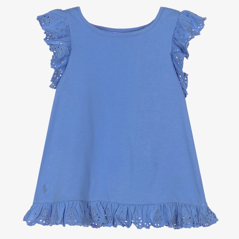 Polo Ralph Lauren - Blaues T-Shirt mit Spitzenrüschen | Childrensalon