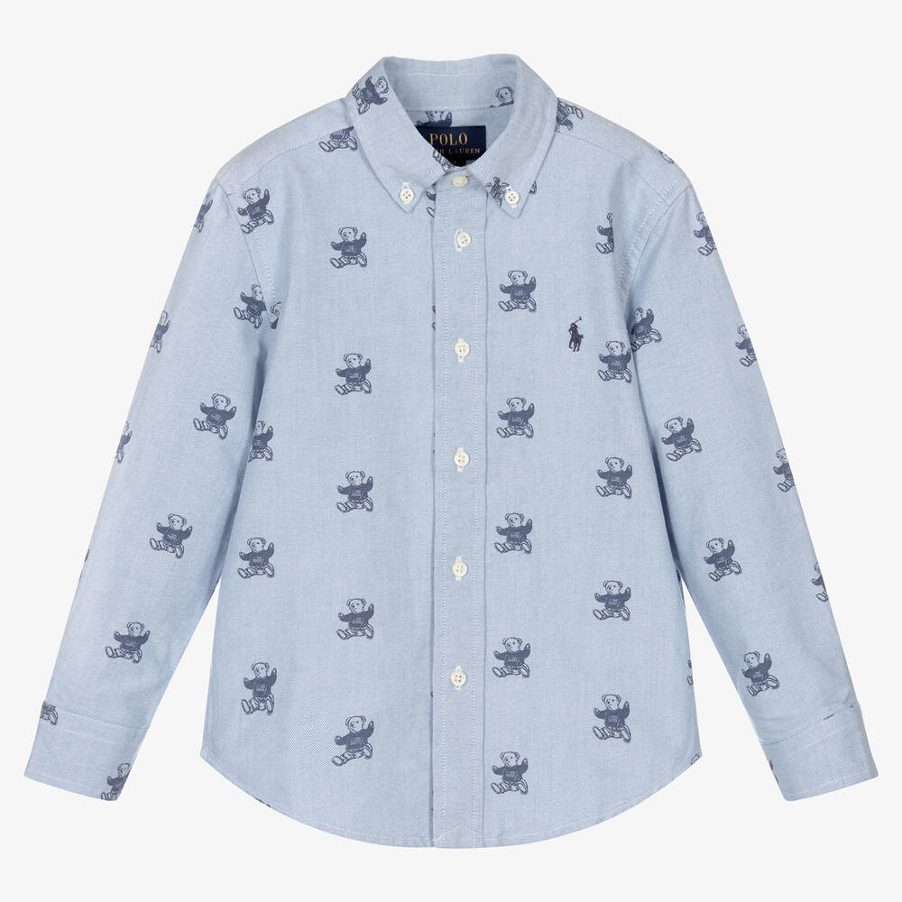 Polo Ralph Lauren - Голубая рубашка из хлопка оксфорд с медвежатами | Childrensalon