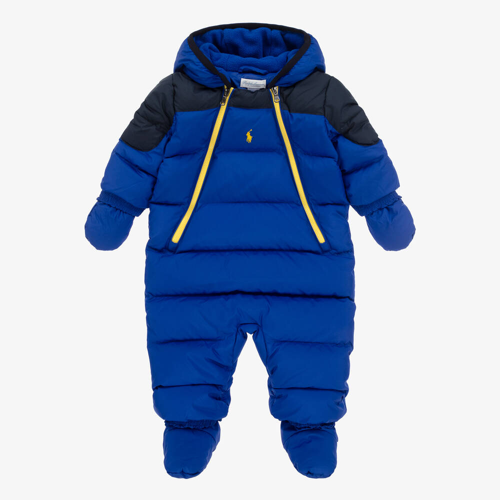 Ralph Lauren - Blue Padded & Hooded Baby Snowsuit | Childrensalon