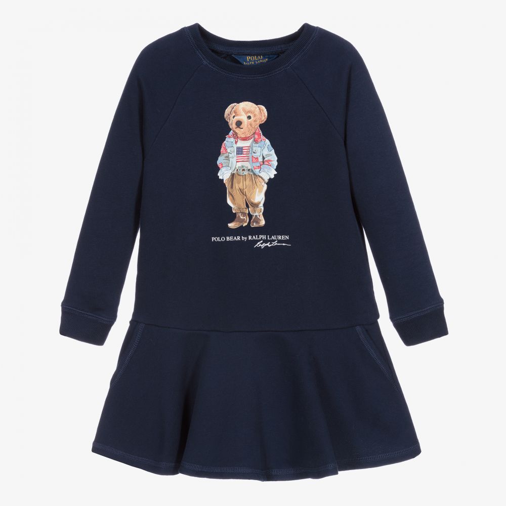 Polo Ralph Lauren - Blaues Jerseykleid mit Polo Bear | Childrensalon