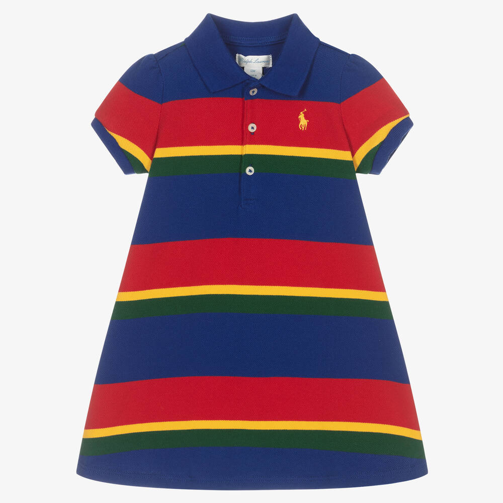 Ralph Lauren - طقم فستان قطن بيكيه مقلم لون أزرق للمولودات | Childrensalon