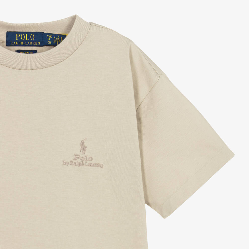 Ralph Lauren-Boys Beige Cotton Jersey T-Shirt with Tonal Logo Embroidery | Childrensalon Outlet