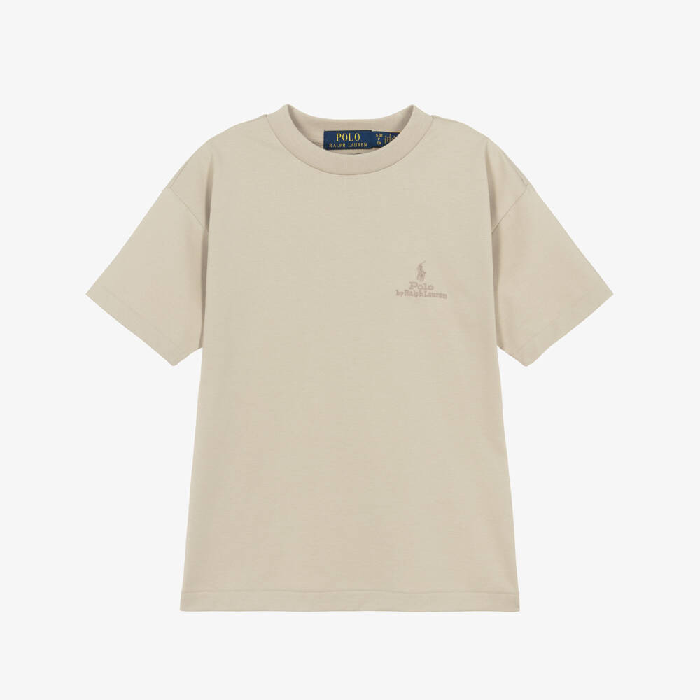 Ralph Lauren-Boys Beige Cotton Jersey T-Shirt with Tonal Logo Embroidery | Childrensalon Outlet