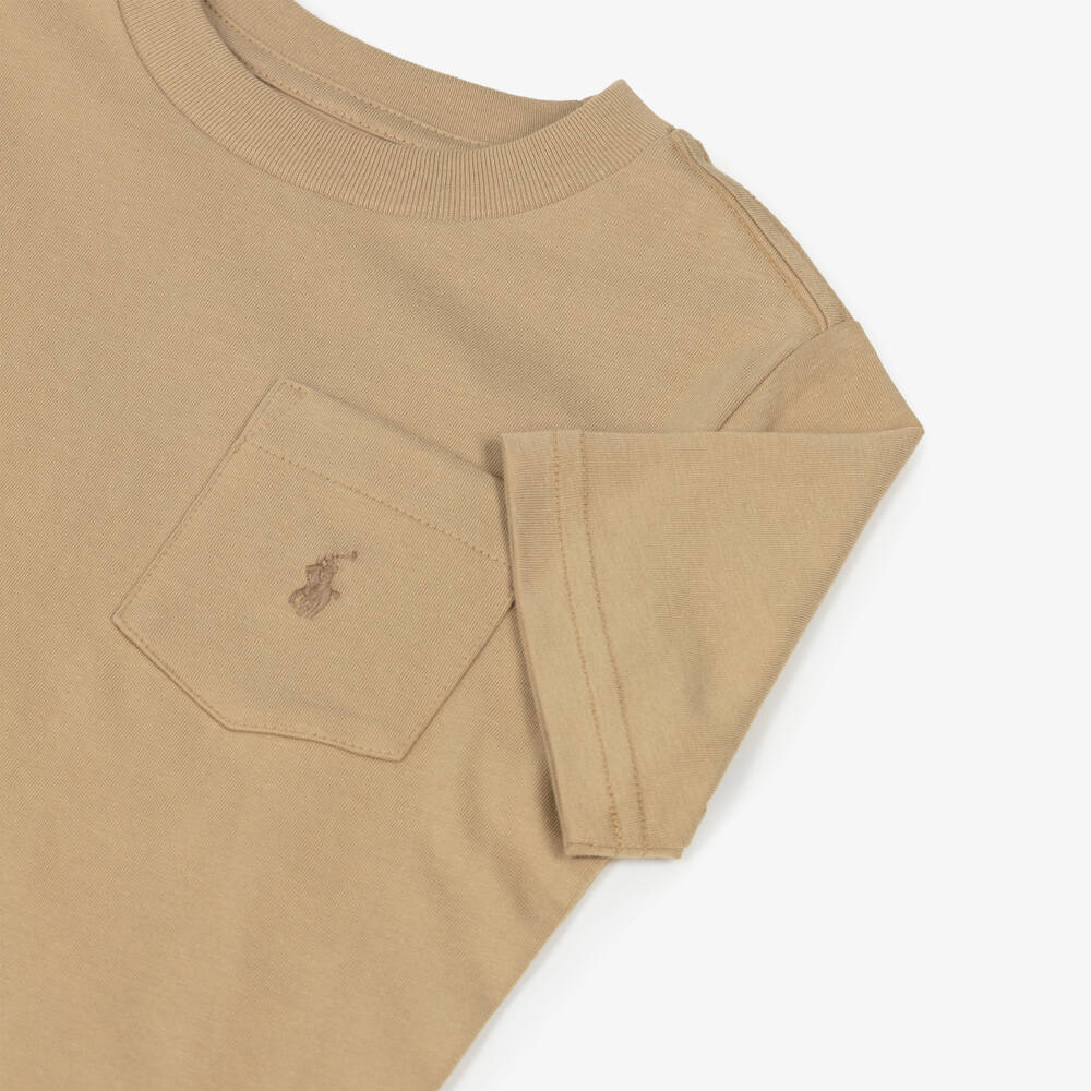 Ralph Lauren-Boys Beige Cotton Pocket with Pony Logo T-Shirt | Childrensalon Outlet