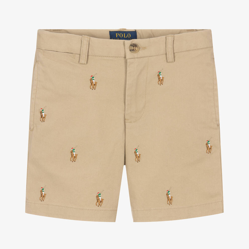 Ralph Lauren - Boys Beige Cotton Pony Shorts  | Childrensalon