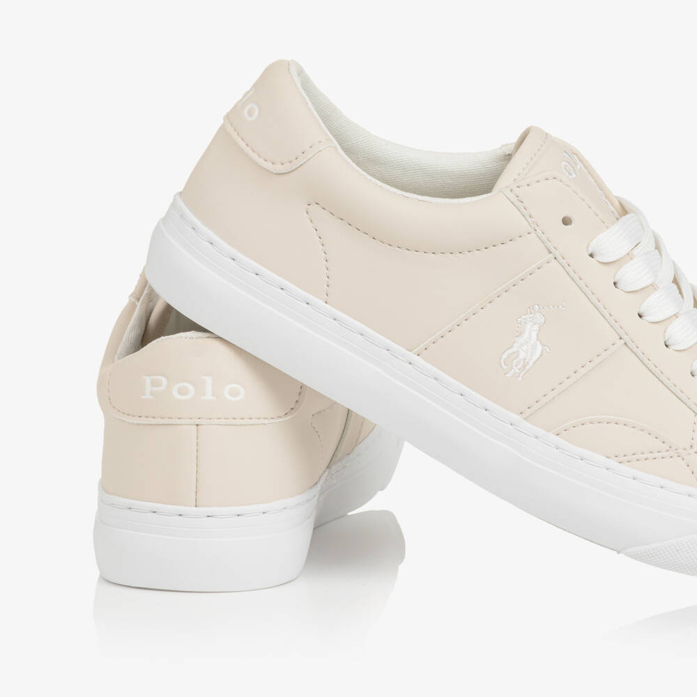 Ralph Lauren-Boys Beige Faux Leather Lace-Up Trainers | Childrensalon Outlet