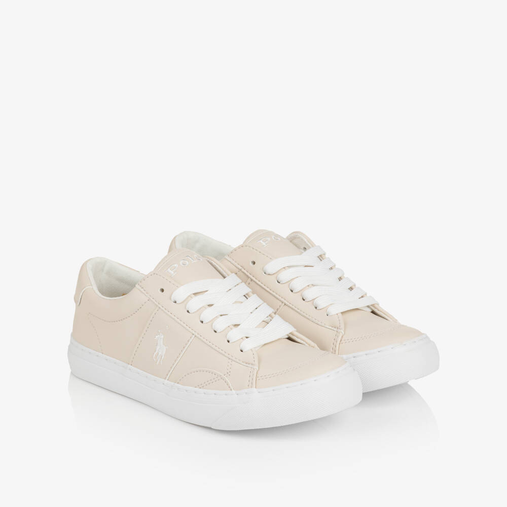 Ralph Lauren-Boys Beige Faux Leather Lace-Up Trainers | Childrensalon Outlet