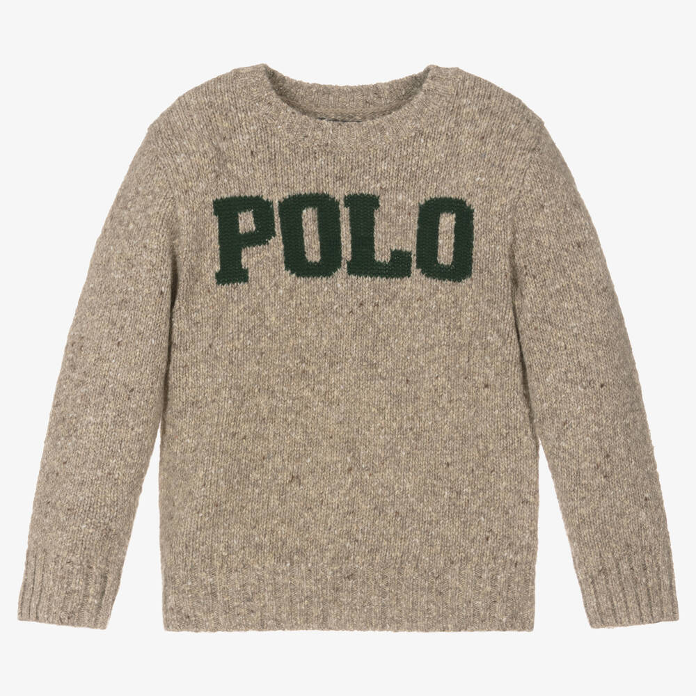 Ralph Lauren - Boys Beige Knitted Polo Sweater | Childrensalon
