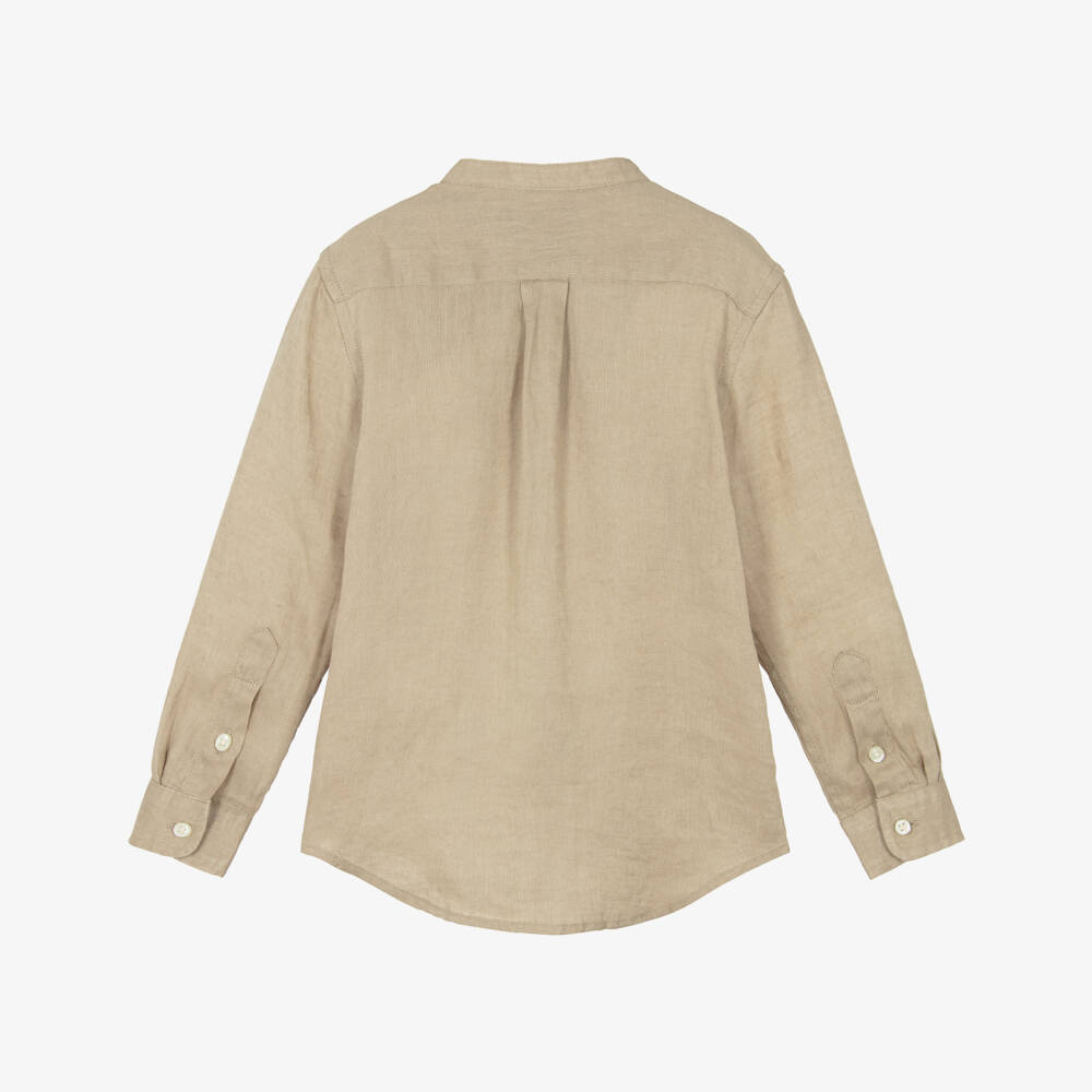 Ralph Lauren-Boys Beige Linen Collarless Shirt with Tonal Pony Logo | Childrensalon Outlet