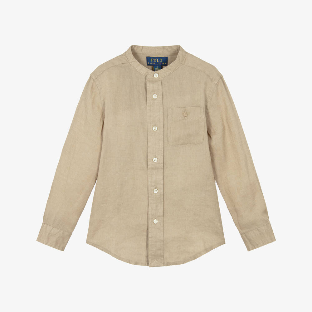 Ralph Lauren-Boys Beige Linen Collarless Shirt with Tonal Pony Logo | Childrensalon Outlet