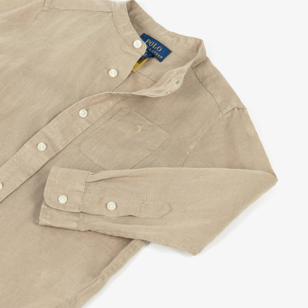 Ralph Lauren-Boys Beige Linen Collarless Shirt with Tonal Pony Logo | Childrensalon Outlet