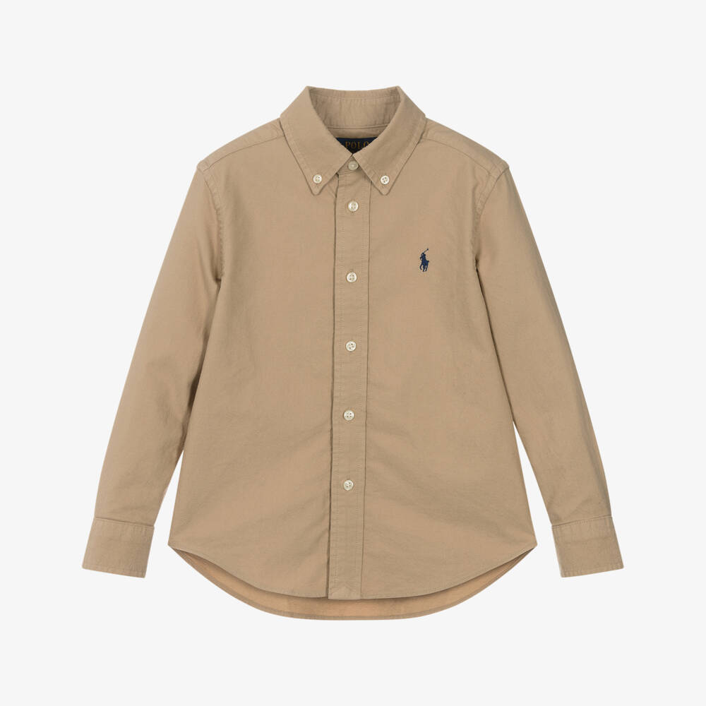 Ralph Lauren-Boys Beige Oxford Cotton Long-Sleeved Shirt | Childrensalon Outlet