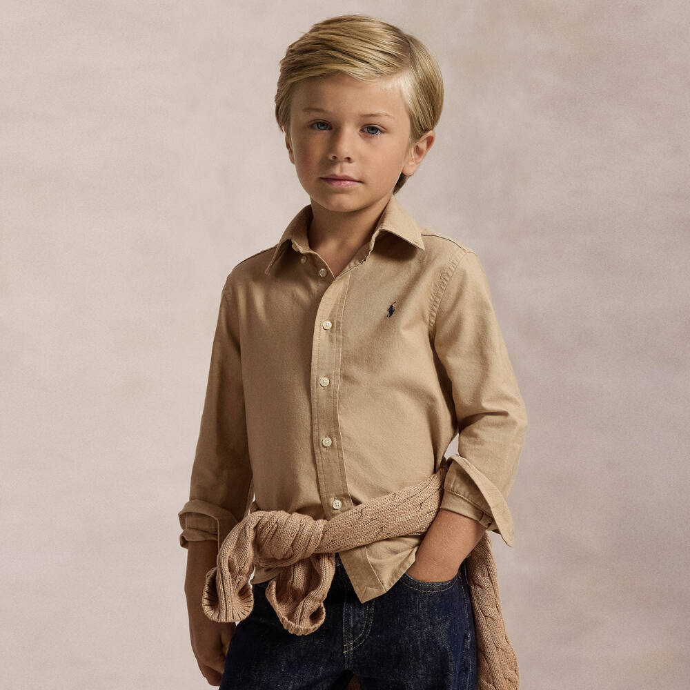 Ralph Lauren-Boys Beige Oxford Cotton Long-Sleeved Shirt | Childrensalon Outlet