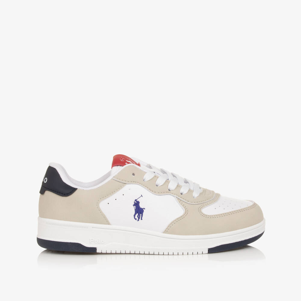 Ralph Lauren-Boys Beige & White Faux Leather Pony Logo Trainers | Childrensalon Outlet