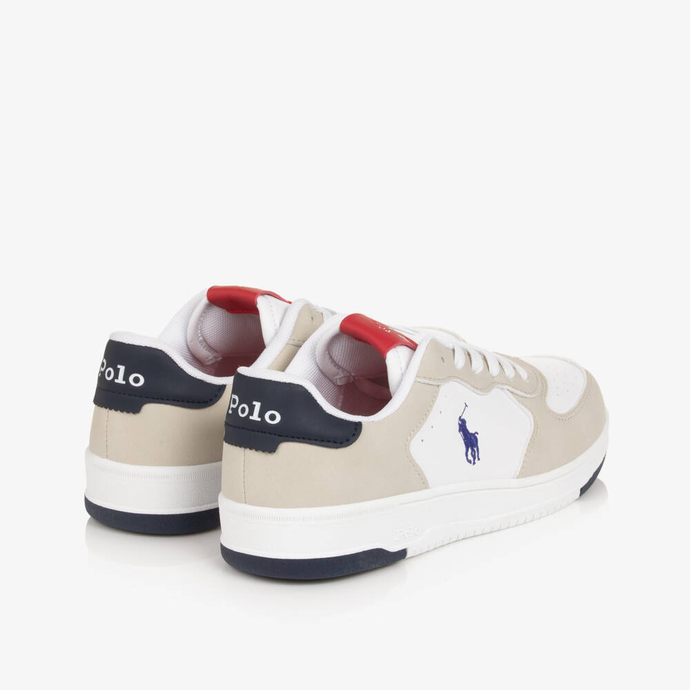 Ralph Lauren-Boys Beige & White Faux Leather Pony Logo Trainers | Childrensalon Outlet