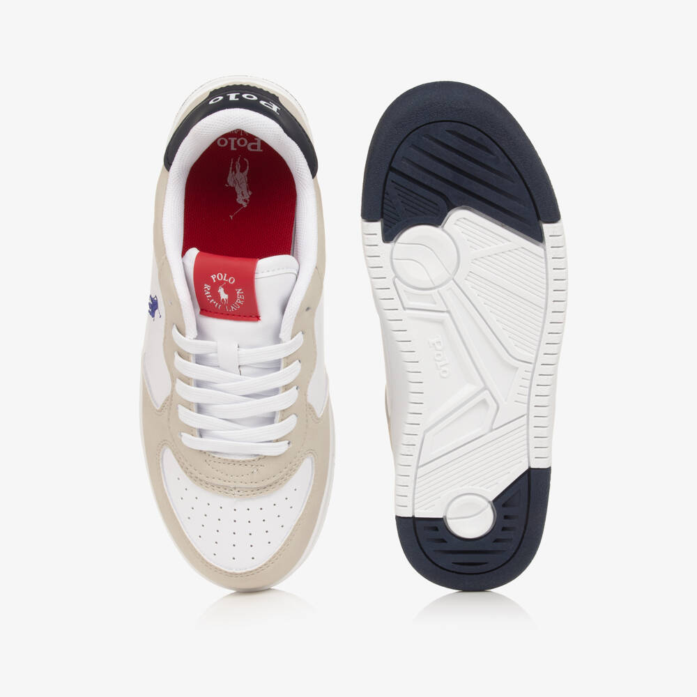 Ralph Lauren-Boys Beige & White Faux Leather Pony Logo Trainers | Childrensalon Outlet