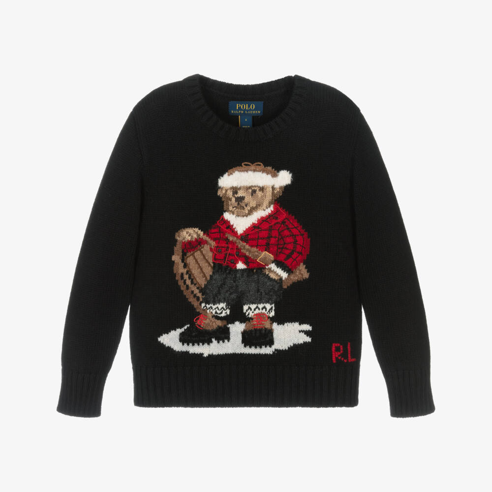 Ralph Lauren-Boys Black Cotton Knit Polo Bear Sweater | Childrensalon Outlet