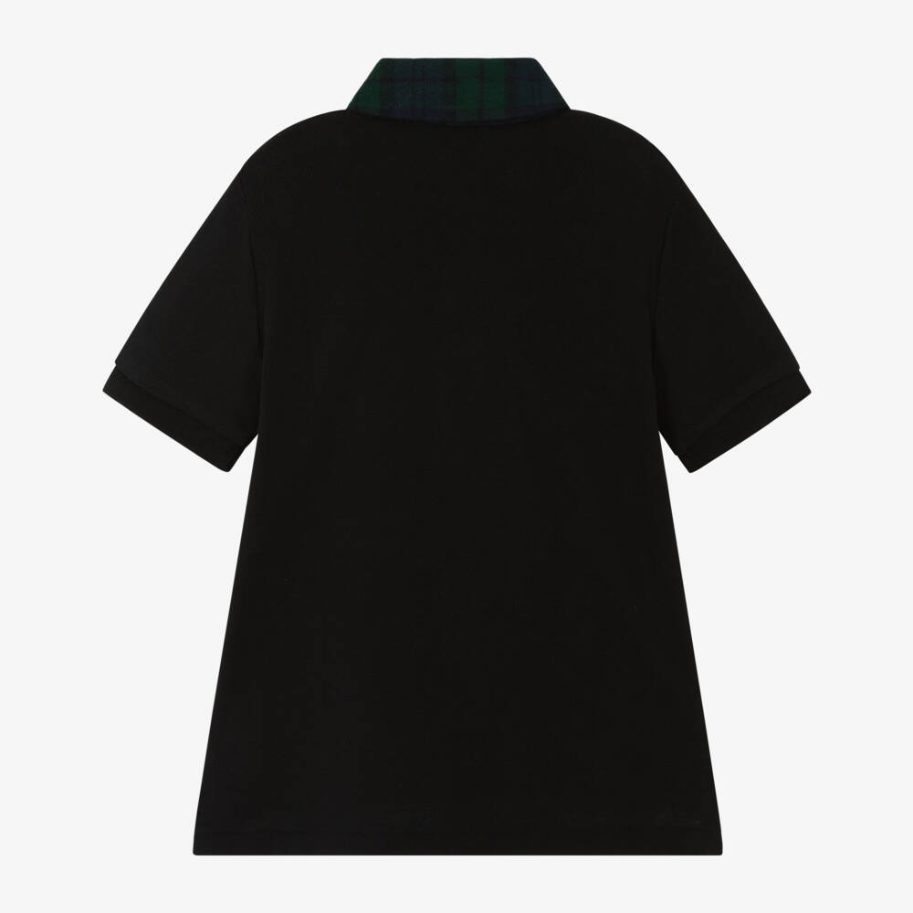Ralph Lauren-Boys Black Cotton Piqué Polo Shirt with Tartan Collar | Childrensalon Outlet