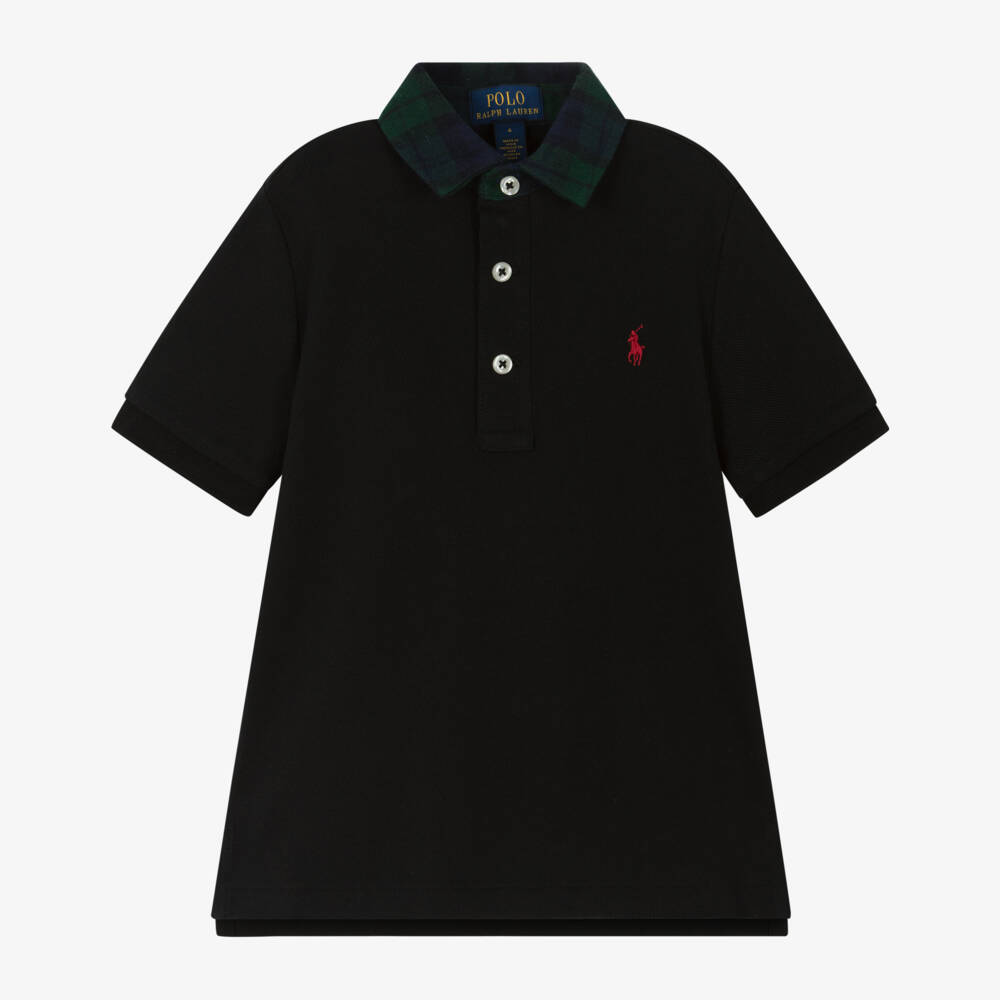 Ralph Lauren-Boys Black Cotton Piqué Polo Shirt with Tartan Collar | Childrensalon Outlet