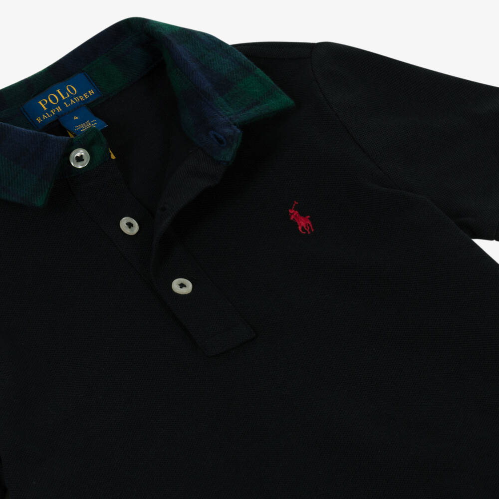 Ralph Lauren-Boys Black Cotton Piqué Polo Shirt with Tartan Collar | Childrensalon Outlet
