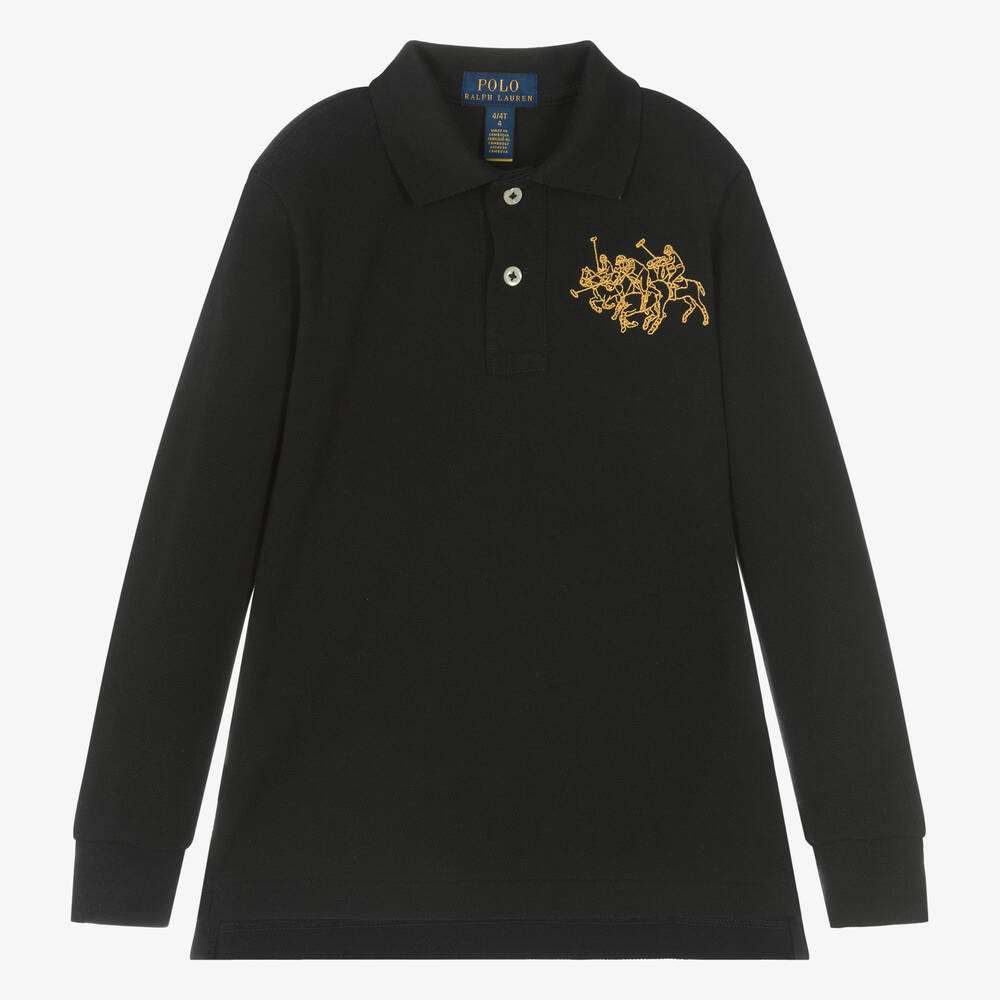 Boys Black Cotton Triple Pony Polo Shirt