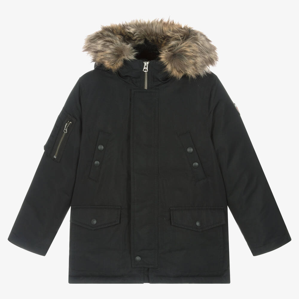 Boys Black Hooded Down Padded Parka