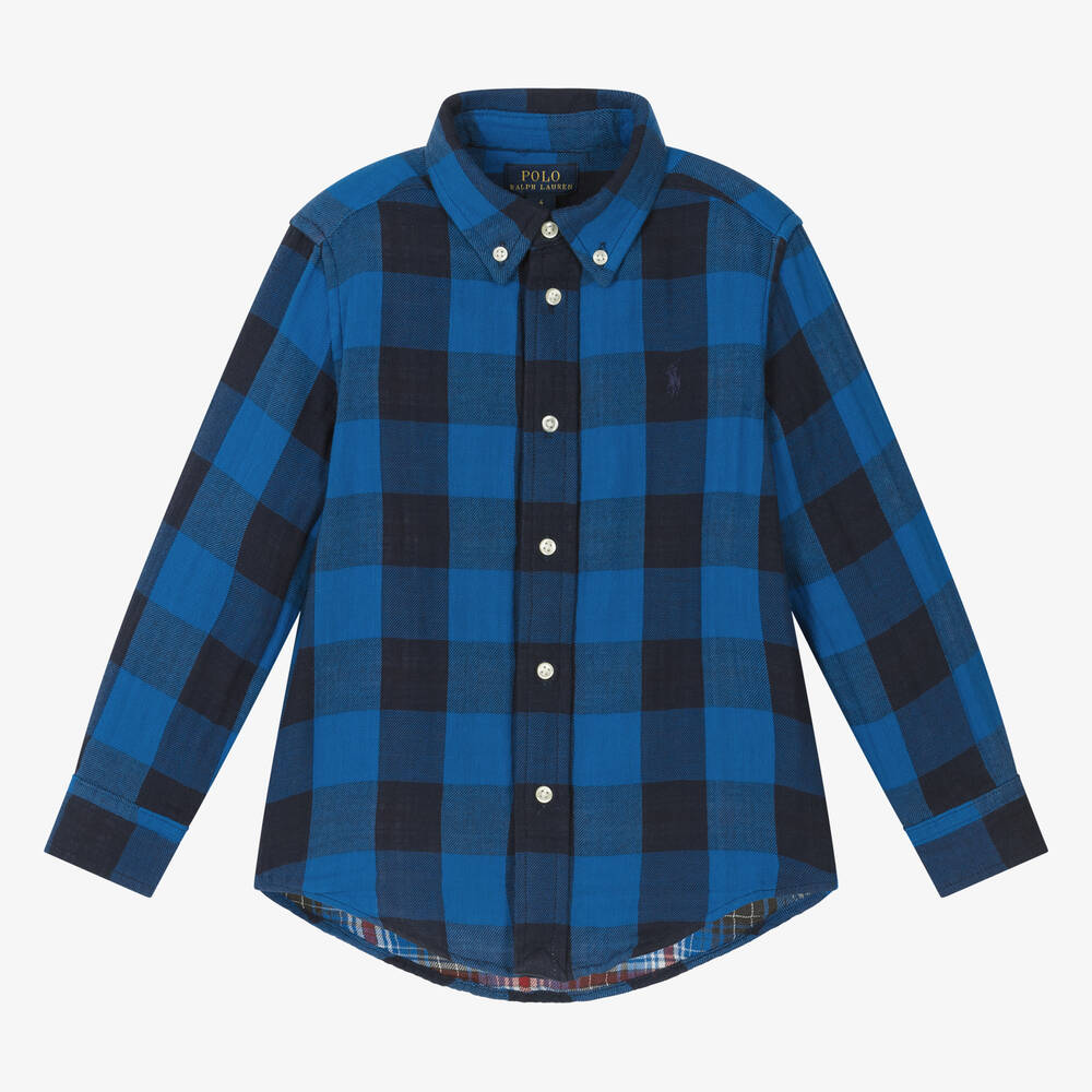 Ralph Lauren - Chemise bleue à carreaux en coton | Childrensalon