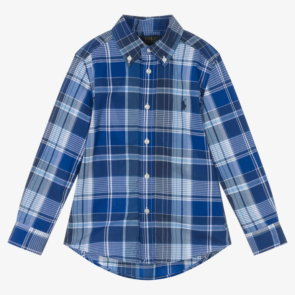 Ralph Lauren - Chemise bleue à carreaux en coton | Childrensalon