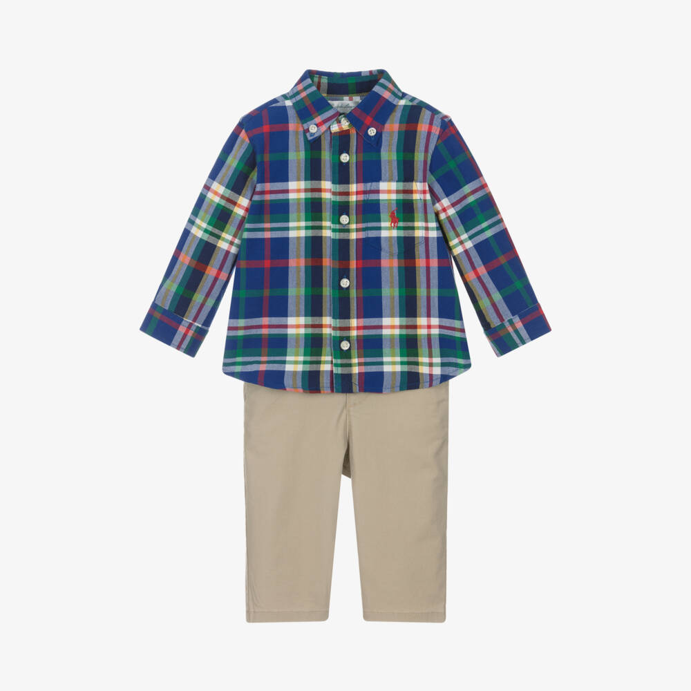 Ralph Lauren-Boys Blue Check Shirt & Trousers Set | Childrensalon Outlet