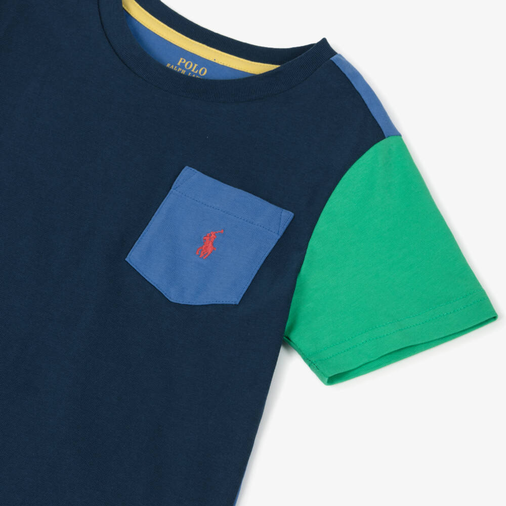 Ralph Lauren-Boys Blue Cotton Block Tee | Childrensalon Outlet