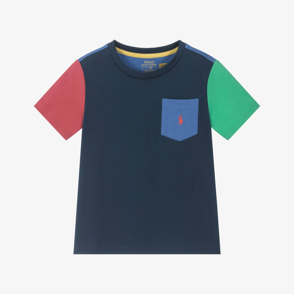 Ralph Lauren-Boys Blue Cotton Block Tee | Childrensalon Outlet