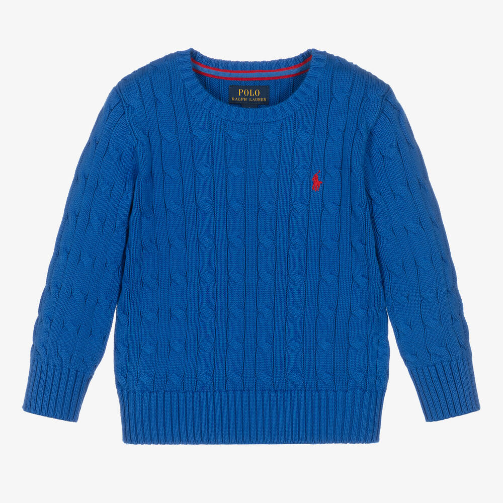 Ralph Lauren - Pull bleu torsadé en coton garçon | Childrensalon