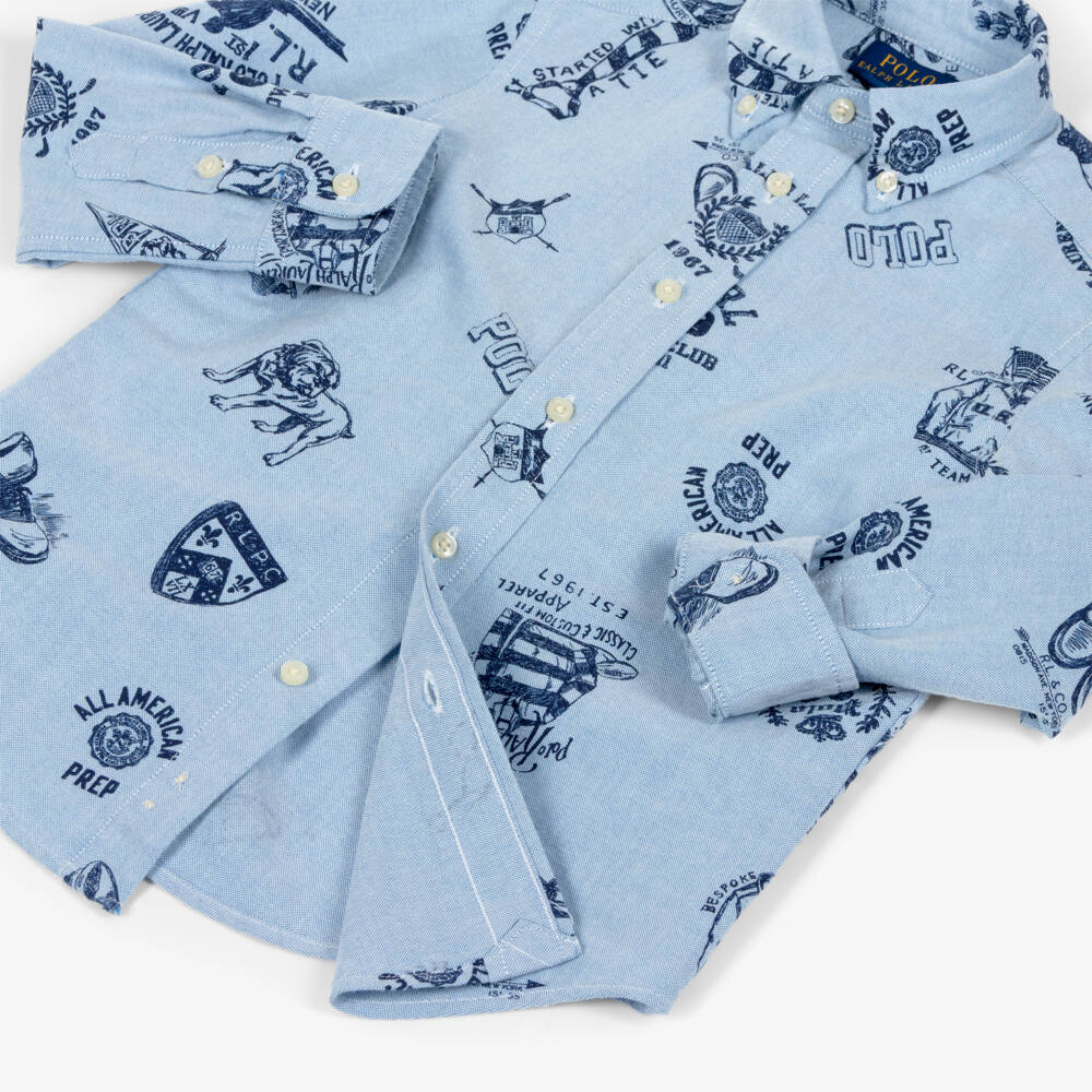 Ralph Lauren-Boys Blue Cotton Collegiate Print Shirt | Childrensalon Outlet
