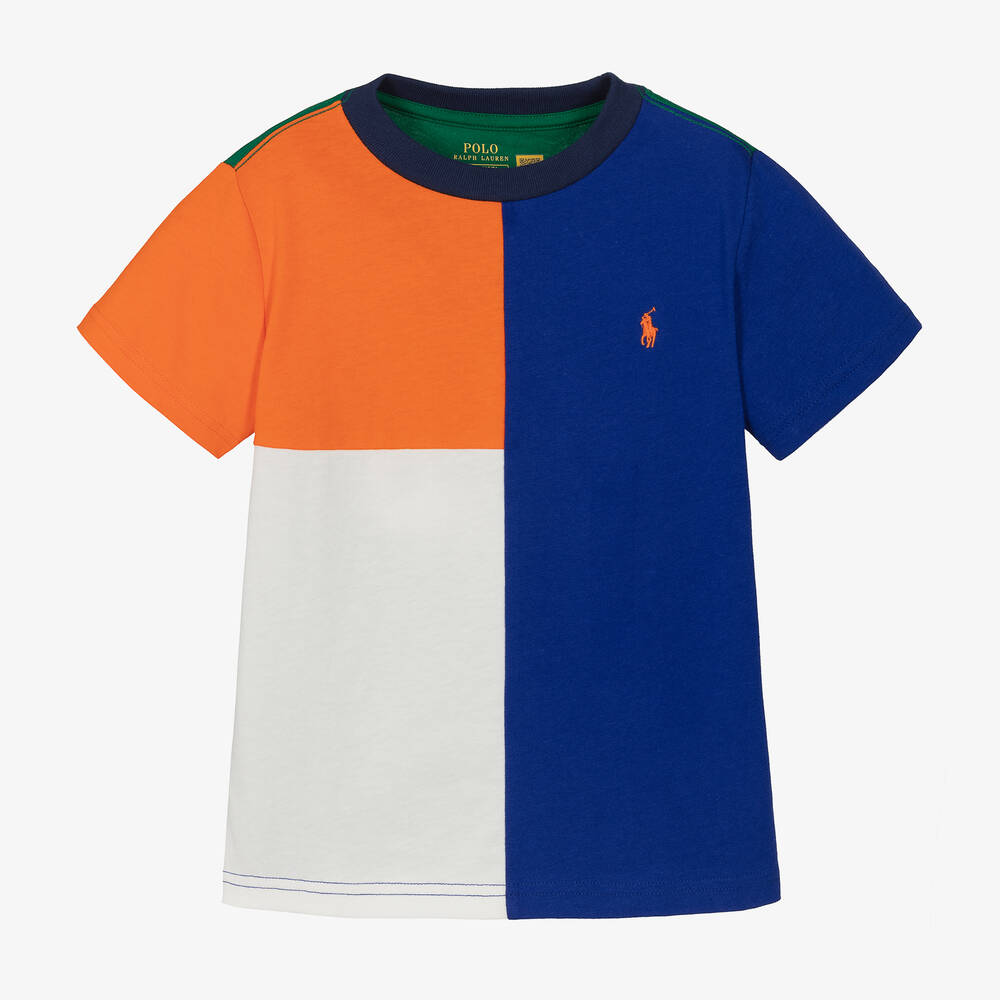 Ralph Lauren - T-shirt bleu colorblock en coton garçon | Childrensalon