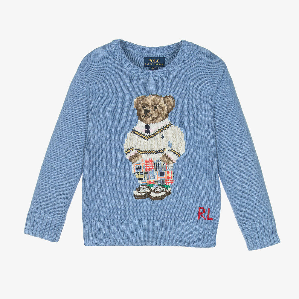 Ralph Lauren - Boys Blue Cotton Knit Polo Bear Sweater | Childrensalon