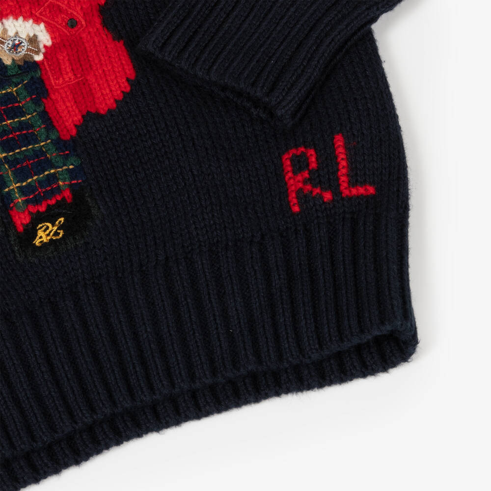 Ralph Lauren-Boys Blue Cotton Knit Polo Bear Sweater | Childrensalon Outlet