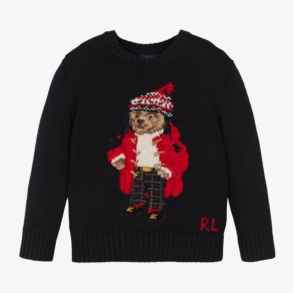 Ralph Lauren-Boys Blue Cotton Knit Polo Bear Sweater | Childrensalon Outlet