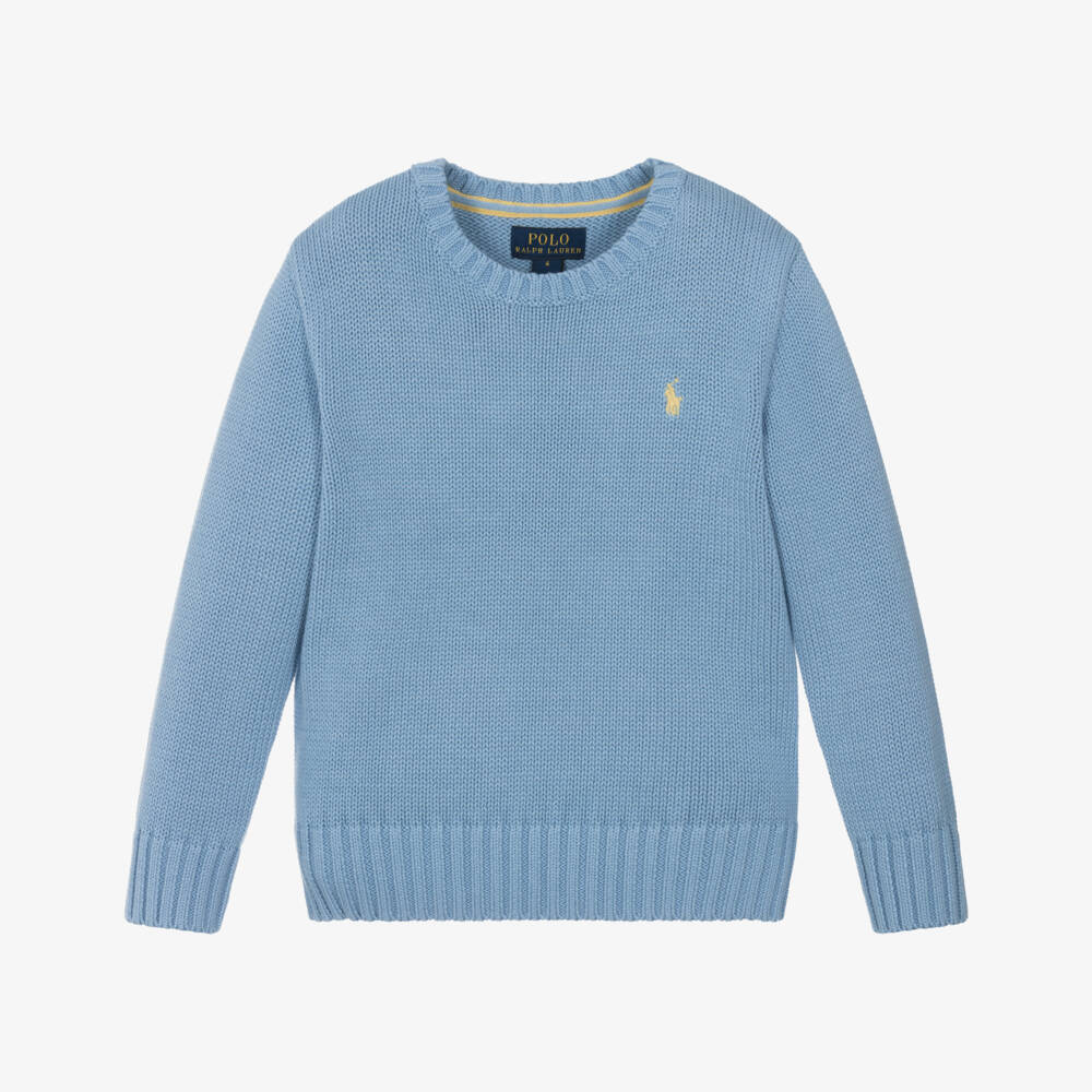 Ralph Lauren-Boys Blue Cotton Knit Pony Logo Sweater | Childrensalon Outlet