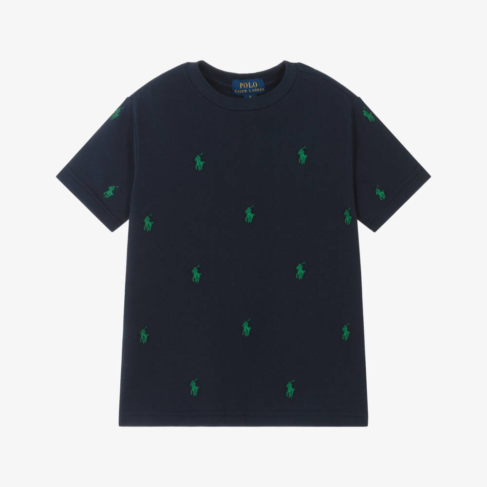 Ralph Lauren-Boys Blue Cotton Piqué T-Shirt with Embroidered Pony Logos | Childrensalon Outlet