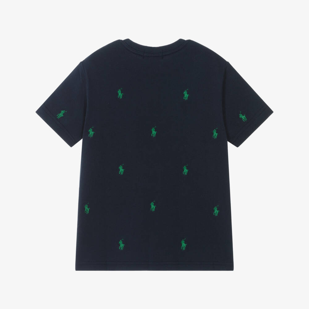 Ralph Lauren-Boys Blue Cotton Piqué T-Shirt with Embroidered Pony Logos | Childrensalon Outlet