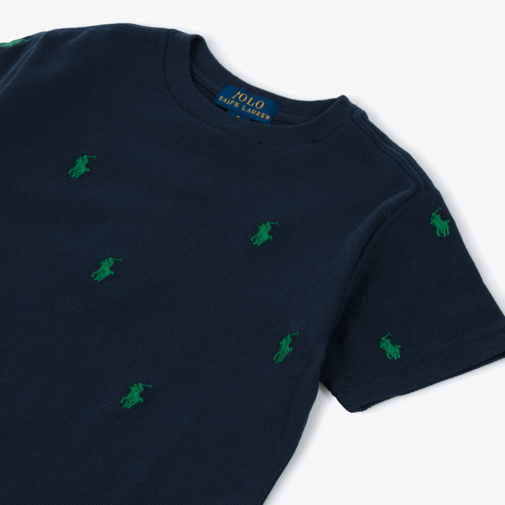 Ralph Lauren-Boys Blue Cotton Piqué T-Shirt with Embroidered Pony Logos | Childrensalon Outlet
