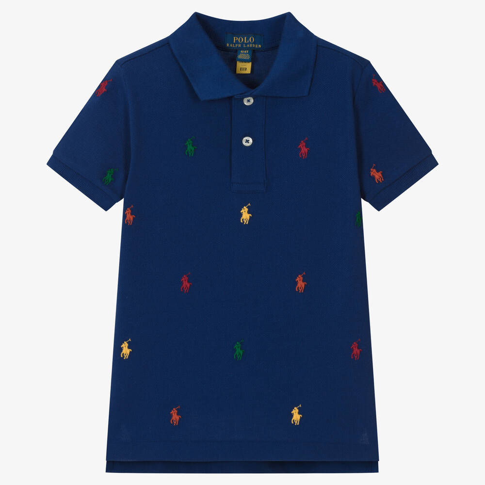 Ralph Lauren - توب بولو قطن بيكيه لون أزرق للأولاد | Childrensalon