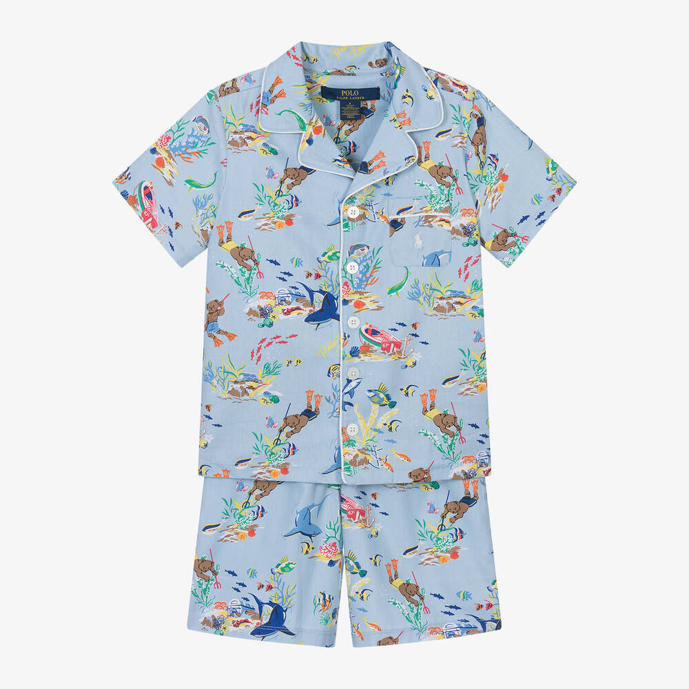 Ralph Lauren Boys Blue Cotton Polo Bear Short Pyjamas Childrensalon Outlet