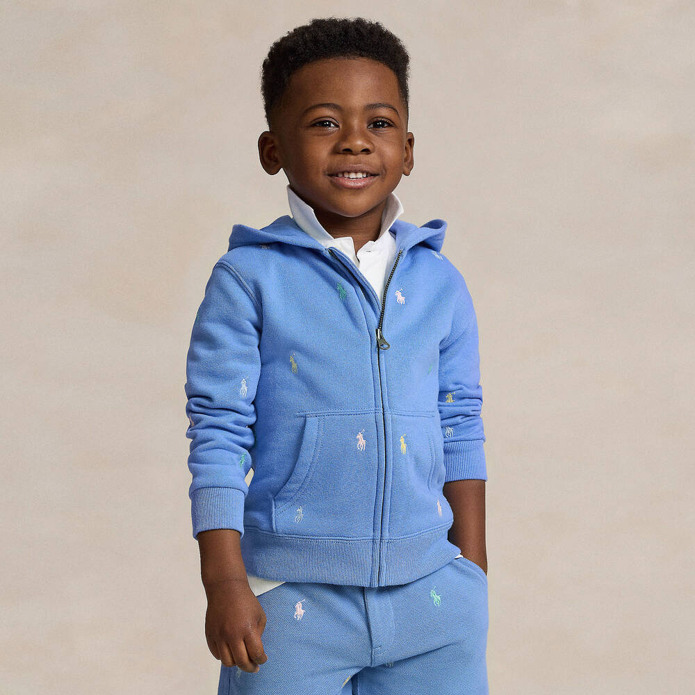 Ralph Lauren Boys Blue Cotton Pony Zip Up Hoodie Childrensalon Outlet