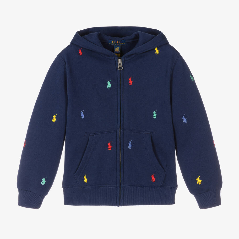 Ralph Lauren - Sweat bleu zippé à capuche en coton garçon | Childrensalon
