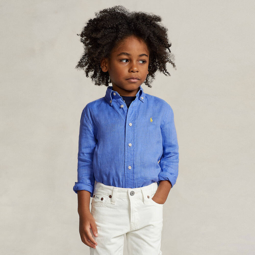 Ralph Lauren Boys Blue Embroidered Linen Shirt Childrensalon Outlet