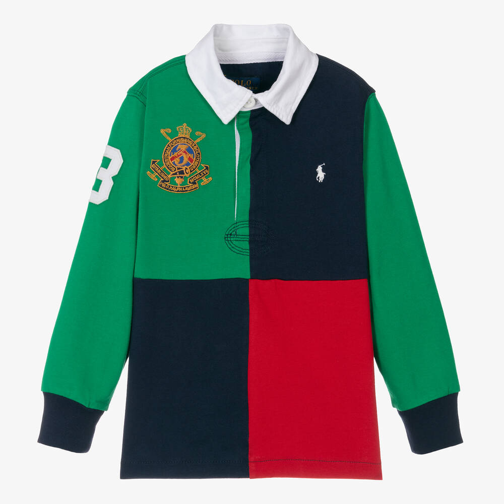 Ralph Lauren - توب بولو قطن مقلّم لون أخضر وكحلي للأولاد | Childrensalon